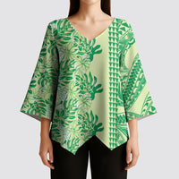 Lime Green Hibiscus Monstera Seamless Kakau Hawaii Kimono Sleeve Blouse LT14 - Polynesian Pride