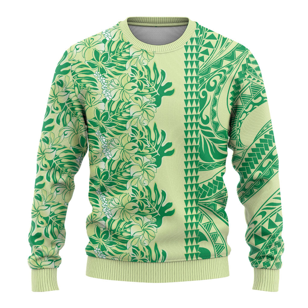 Lime Green Hibiscus Monstera Seamless Kakau Hawaii Ugly Christmas Sweater LT14 - Polynesian Pride