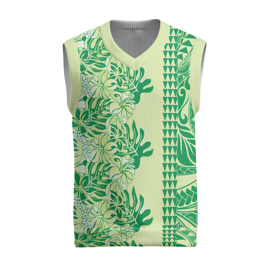 Lime Green Hibiscus Monstera Seamless Kakau Hawaii Christmas Knitted V-Neck Vest LT14 Lime Green - Polynesian Pride