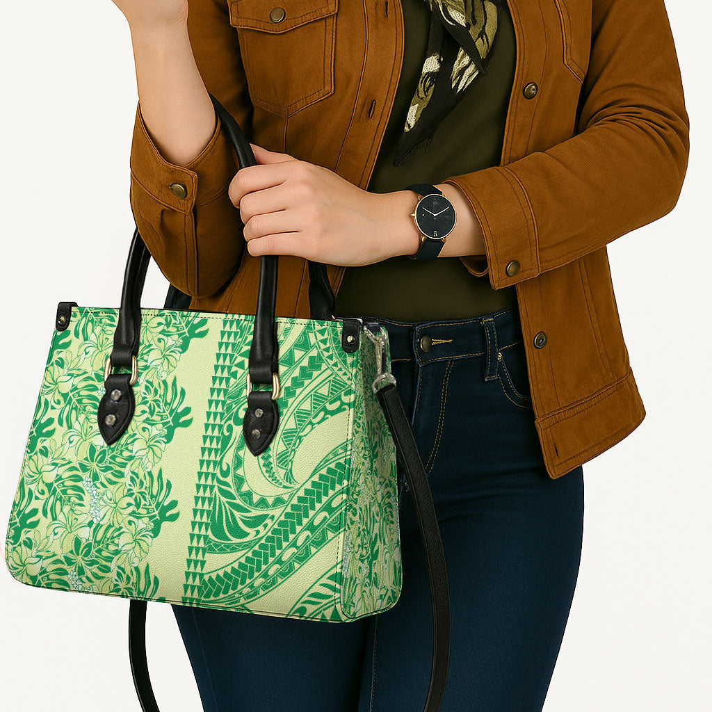 Lime Green Hibiscus Monstera Seamless Kakau Hawaii Leather Bag LT14 - Polynesian Pride