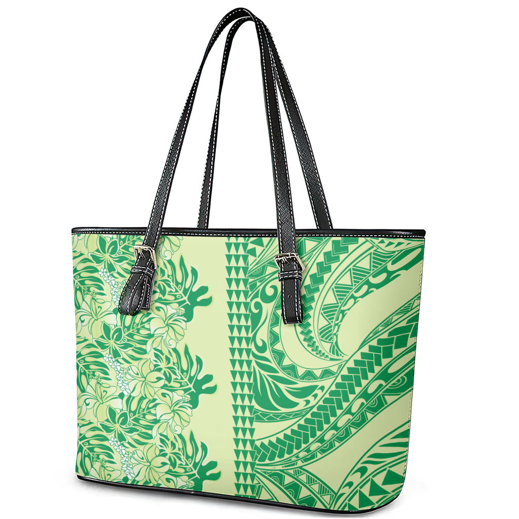 Lime Green Hibiscus Monstera Seamless Kakau Hawaii Leather Tote Bag LT14 - Polynesian Pride
