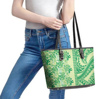Lime Green Hibiscus Monstera Seamless Kakau Hawaii Leather Tote Bag LT14 - Polynesian Pride
