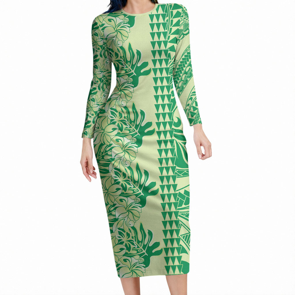 Lime Green Hibiscus Monstera Seamless Kakau Hawaii Long Sleeve Bodycon Dress LT14 Long Dress Lime Green - Polynesian Pride