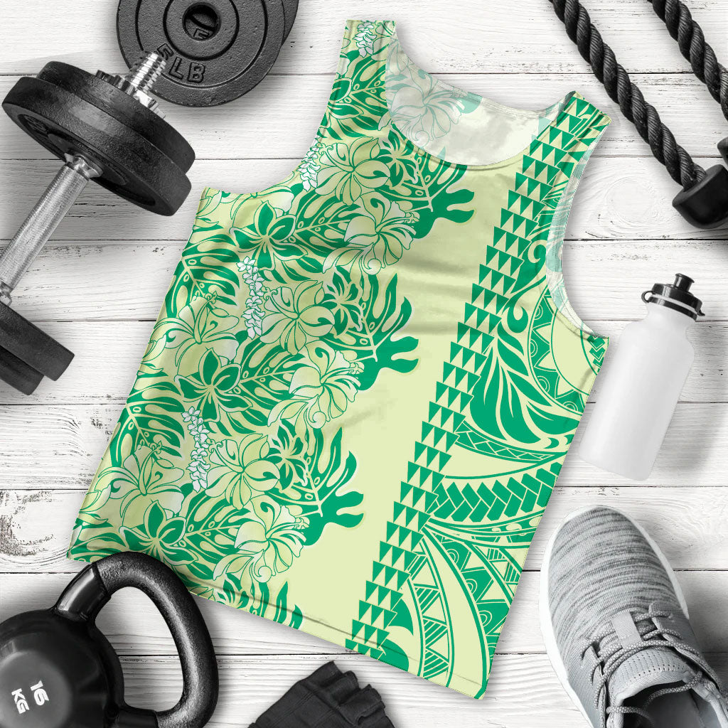 Lime Green Hibiscus Monstera Seamless Kakau Hawaii Men Tank Top LT14 - Polynesian Pride