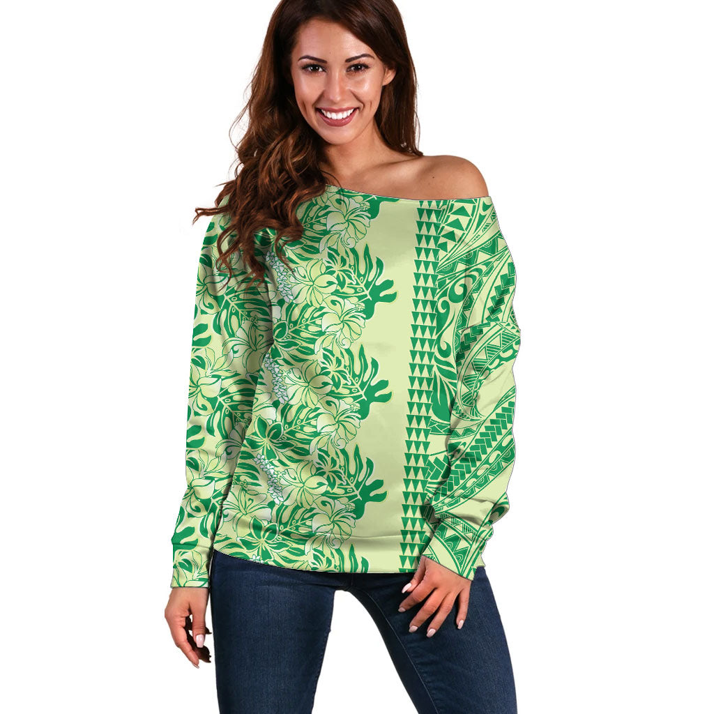 Lime Green Hibiscus Monstera Seamless Kakau Hawaii Off Shoulder Sweater LT14 Women Lime Green - Polynesian Pride