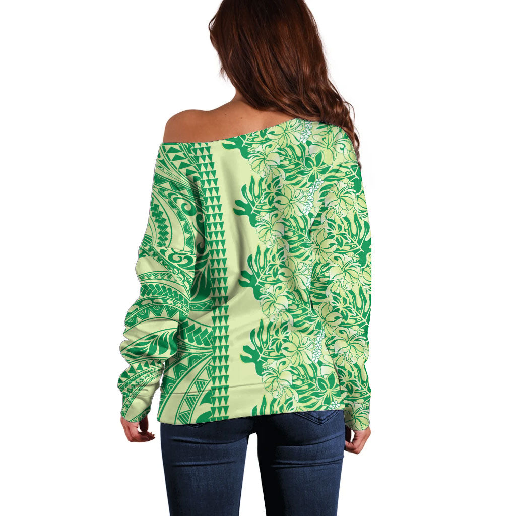 Lime Green Hibiscus Monstera Seamless Kakau Hawaii Off Shoulder Sweater LT14 - Polynesian Pride