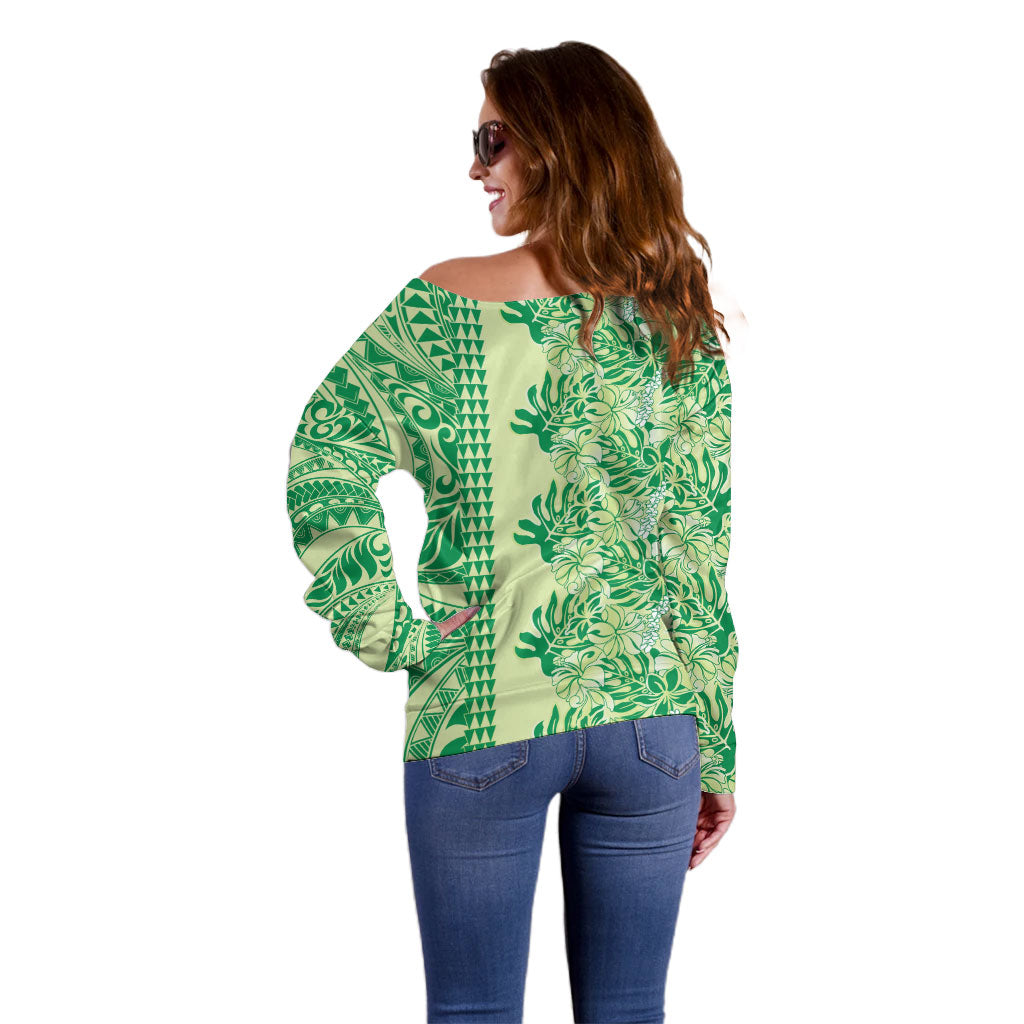 Lime Green Hibiscus Monstera Seamless Kakau Hawaii Off Shoulder Sweater LT14 - Polynesian Pride