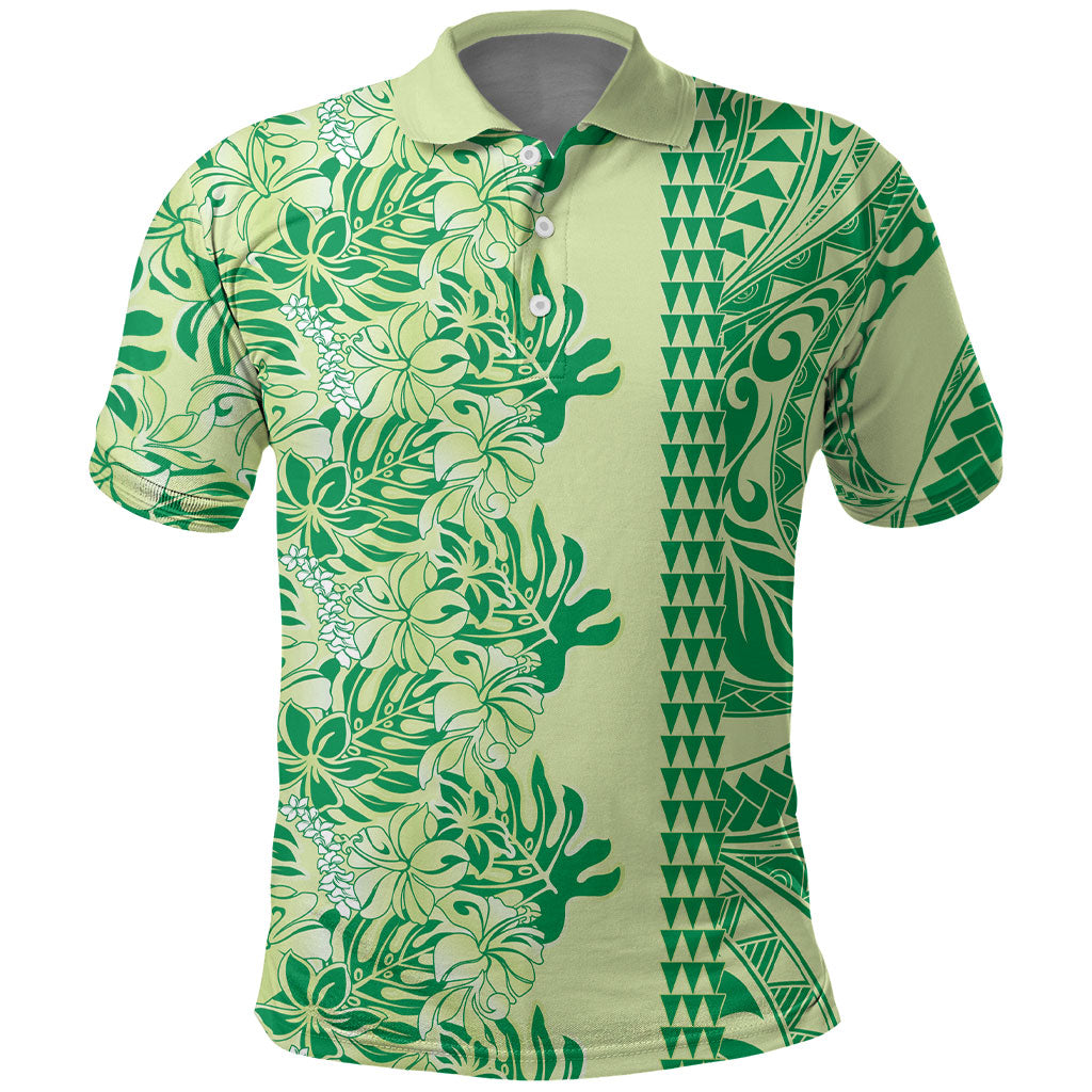 Lime Green Hibiscus Monstera Seamless Kakau Hawaii Polo Shirt LT14 Lime Green - Polynesian Pride