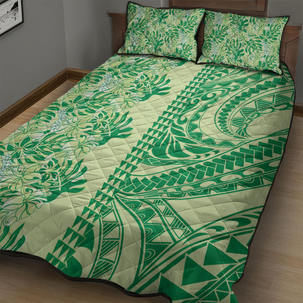 Lime Green Hibiscus Monstera Seamless Kakau Hawaii Quilt Bed Set LT14 - Polynesian Pride