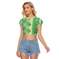 Lime Green Hibiscus Monstera Seamless Kakau Hawaii Raglan Cropped T Shirt LT14 Female Lime Green - Polynesian Pride
