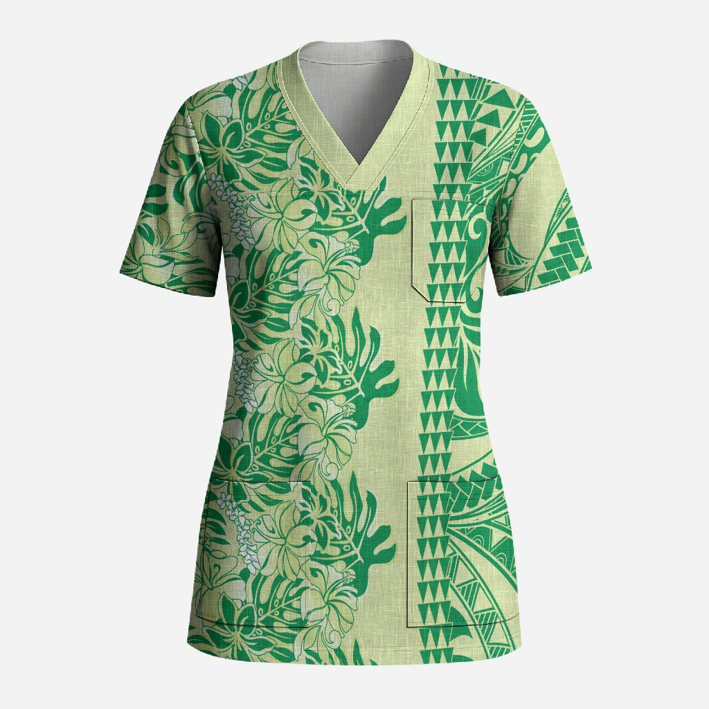 Lime Green Hibiscus Monstera Seamless Kakau Hawaii Scrub Top LT14 Adult Lime Green - Polynesian Pride