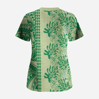 Lime Green Hibiscus Monstera Seamless Kakau Hawaii Scrub Top LT14 - Polynesian Pride