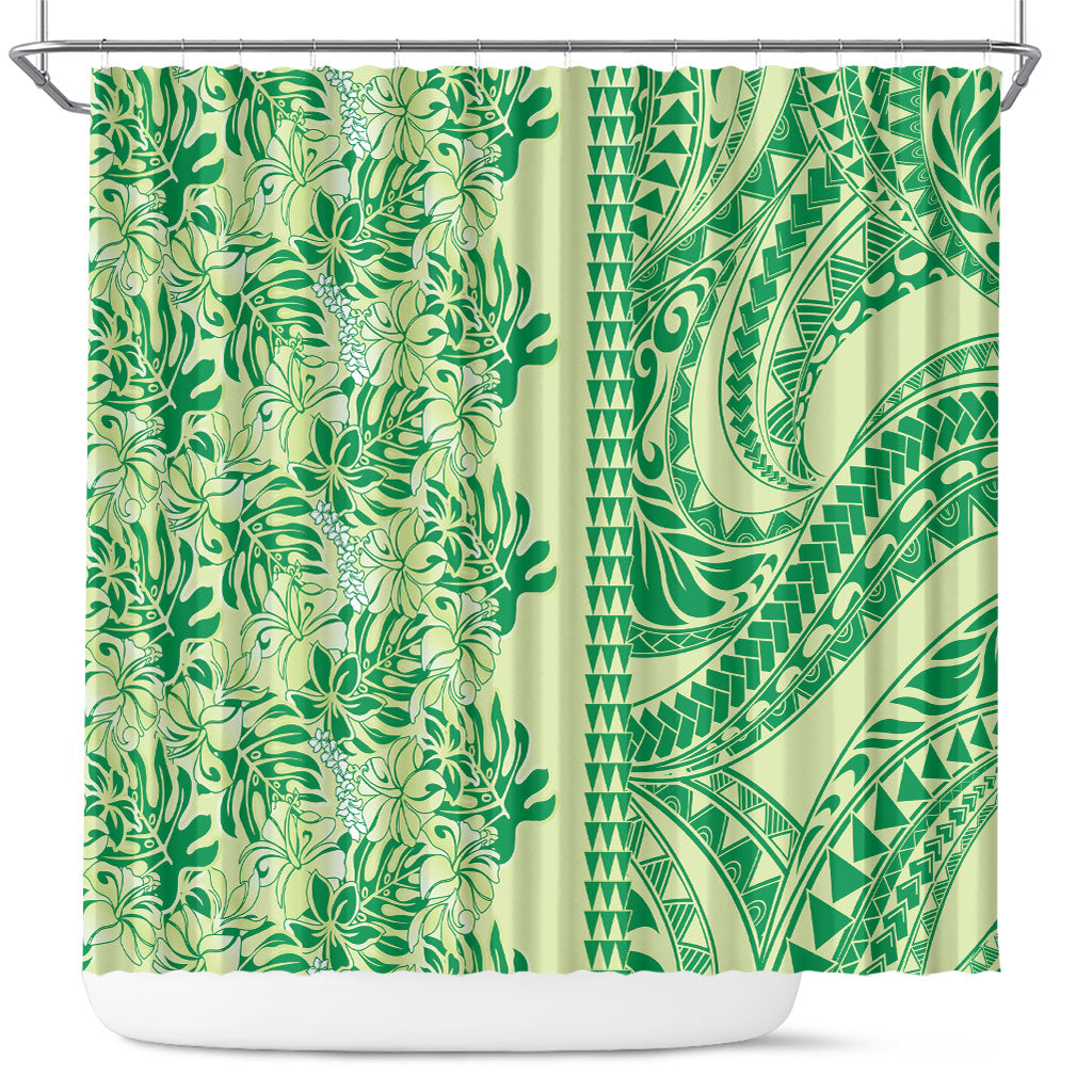 Lime Green Hibiscus Monstera Seamless Kakau Hawaii Shower Curtain LT14 Lime Green - Polynesian Pride