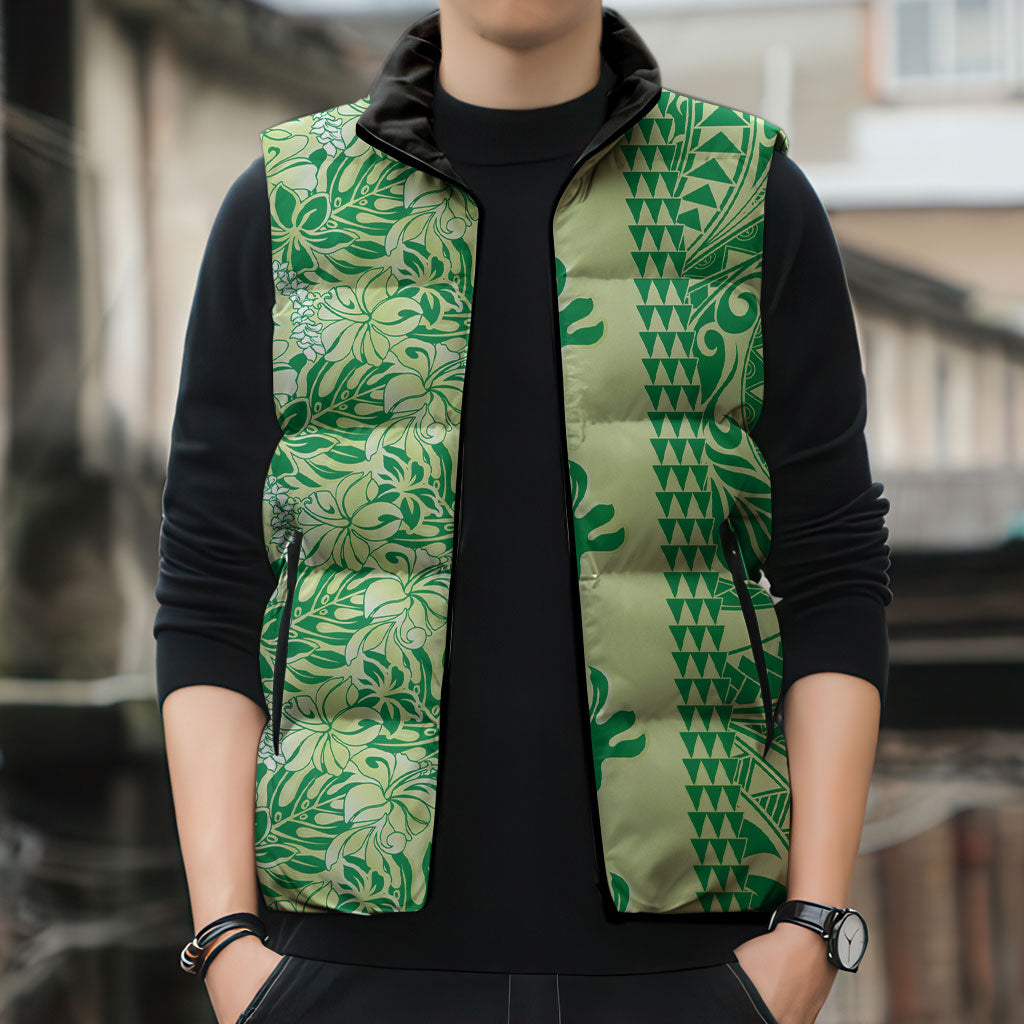 Lime Green Hibiscus Monstera Seamless Kakau Hawaii Sleeveless Puffer Jacket LT14 - Polynesian Pride