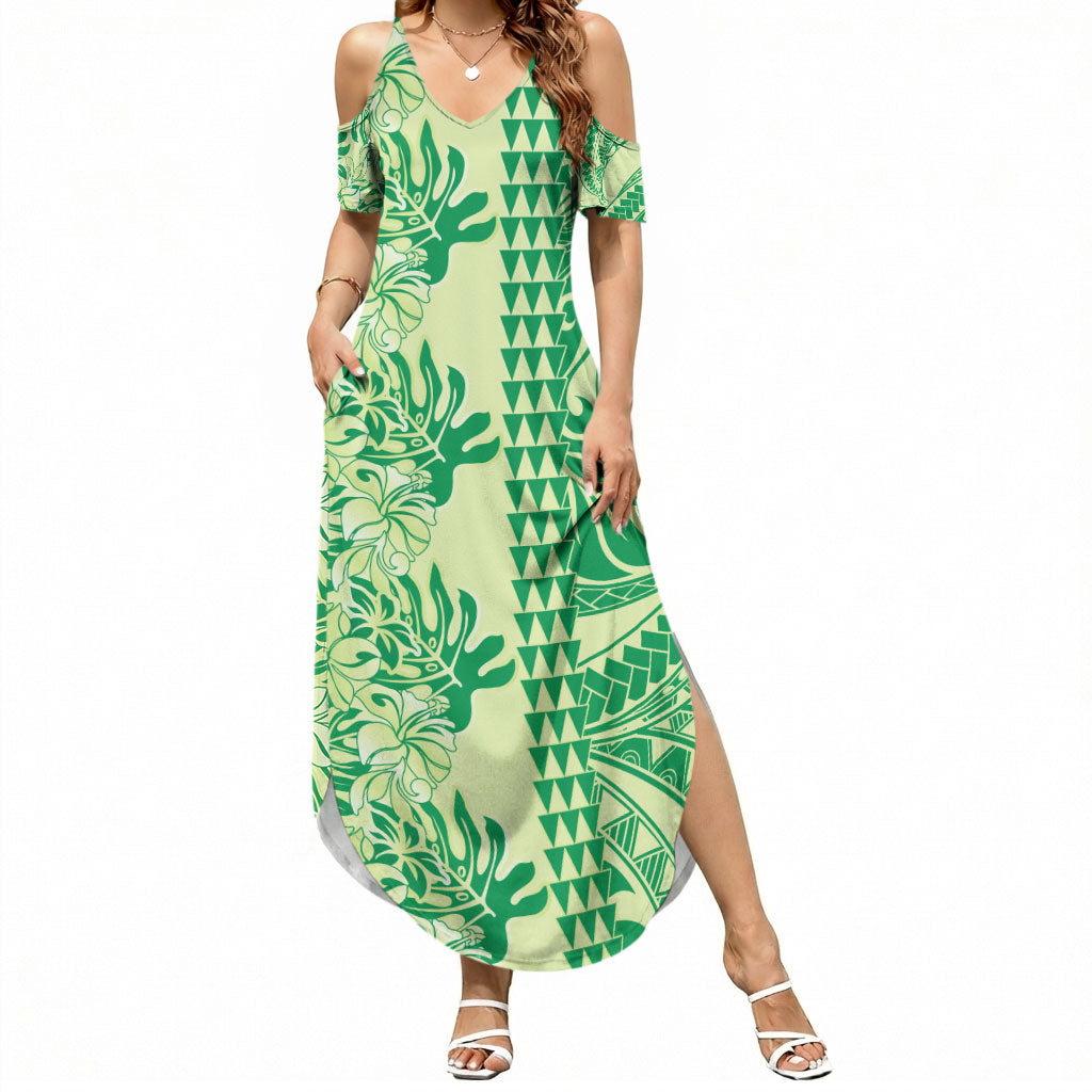 Lime Green Hibiscus Monstera Seamless Kakau Hawaii Summer Maxi Dress LT14 Women Lime Green - Polynesian Pride