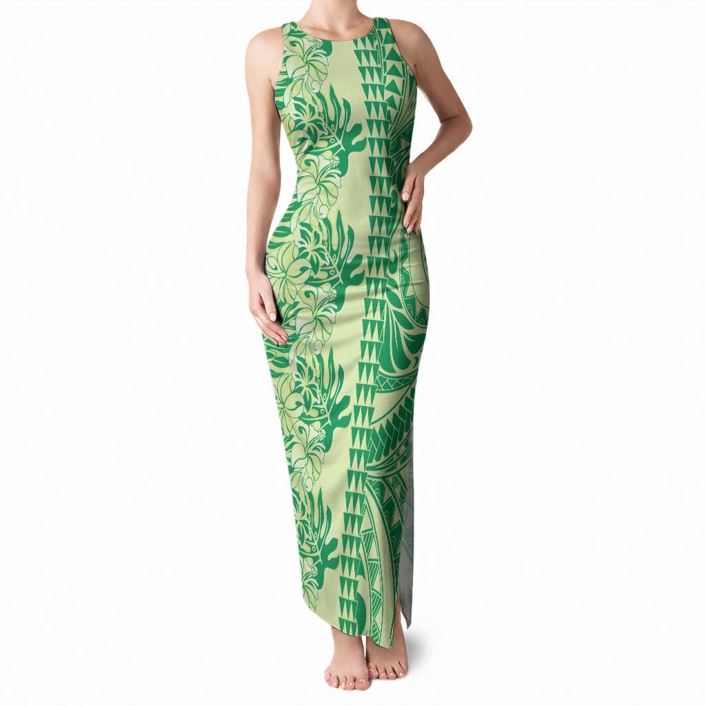 Lime Green Hibiscus Monstera Seamless Kakau Hawaii Tank Maxi Dress LT14 Women Lime Green - Polynesian Pride