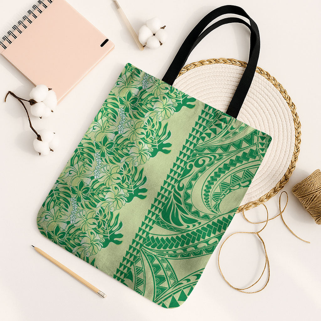 Lime Green Hibiscus Monstera Seamless Kakau Hawaii Tote Bag LT14 Black Strap One Size Lime Green - Polynesian Pride