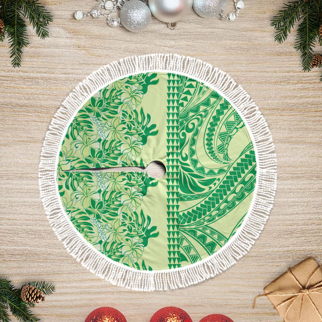 Lime Green Hibiscus Monstera Seamless Kakau Hawaii Tree Skirt LT14 Fringed Lime Green - Polynesian Pride