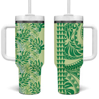 Lime Green Hibiscus Monstera Seamless Kakau Hawaii Tumbler With Handle LT14 One Size: 40 oz Lime Green - Polynesian Pride