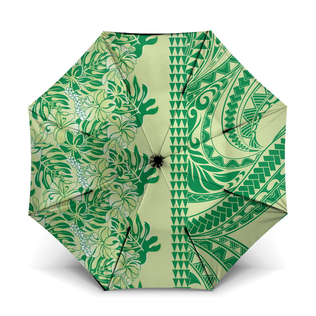 Lime Green Hibiscus Monstera Seamless Kakau Hawaii Umbrella LT14 One Size Folded 11.42 inch Opened Diameter 37.4 inch Lime Green - Polynesian Pride