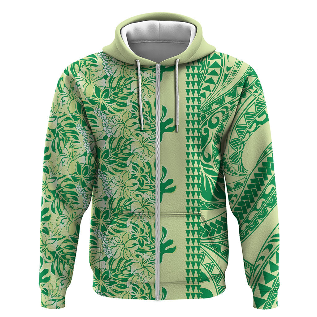 Lime Green Hibiscus Monstera Seamless Kakau Hawaii Zip Hoodie LT14 Zip Hoodie Lime Green - Polynesian Pride