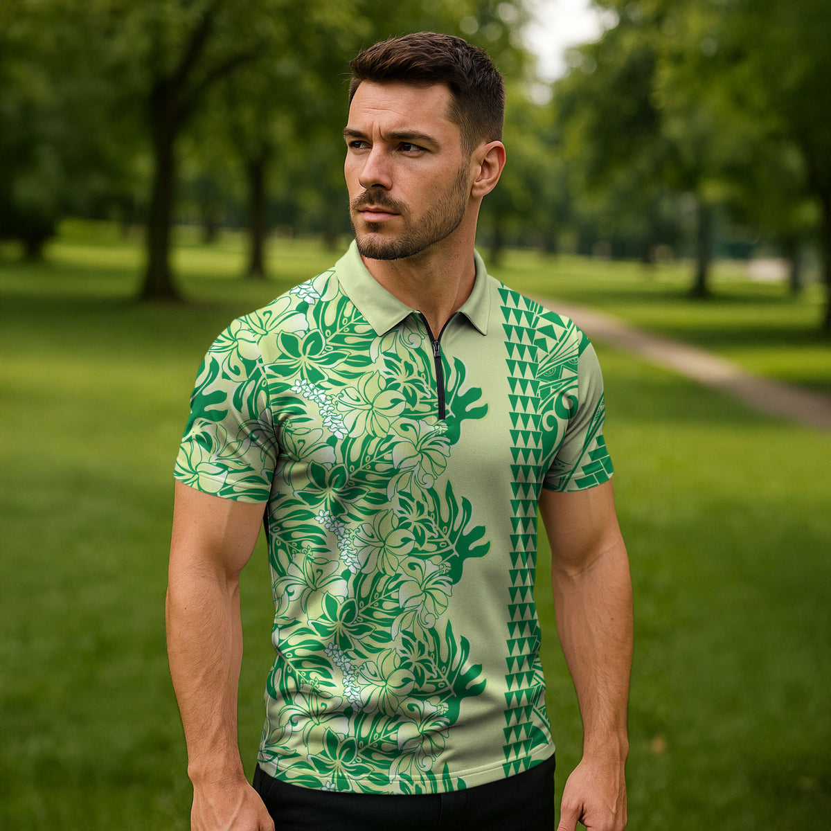 Lime Green Hibiscus Monstera Seamless Kakau Hawaii Zipper Polo Shirt LT14 - Polynesian Pride
