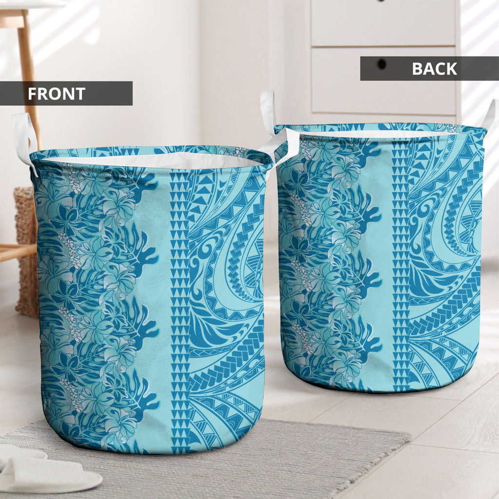 Cyan Hibiscus Monstera Seamless Kakau Hawaii Laundry Basket LT14 - Polynesian Pride