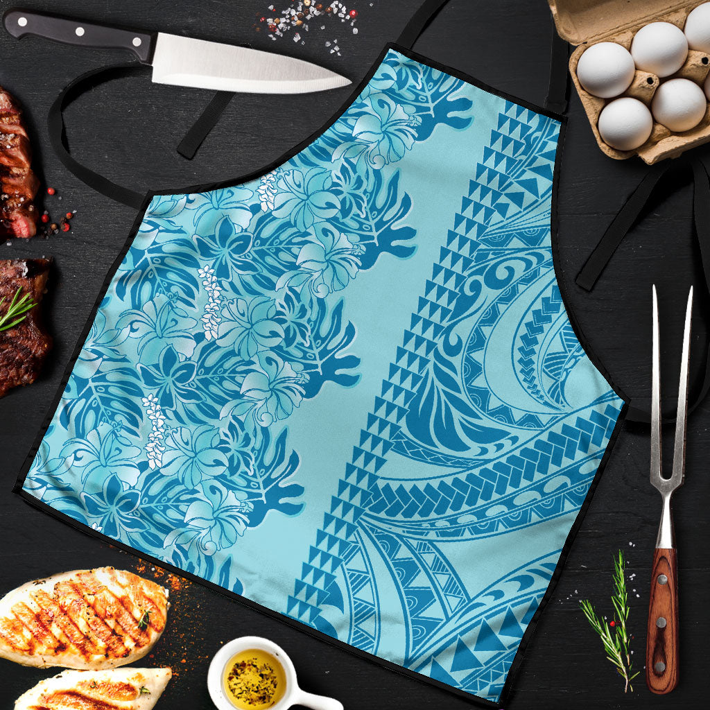 Cyan Hibiscus Monstera Seamless Kakau Hawaii Apron LT14 Cyan - Polynesian Pride