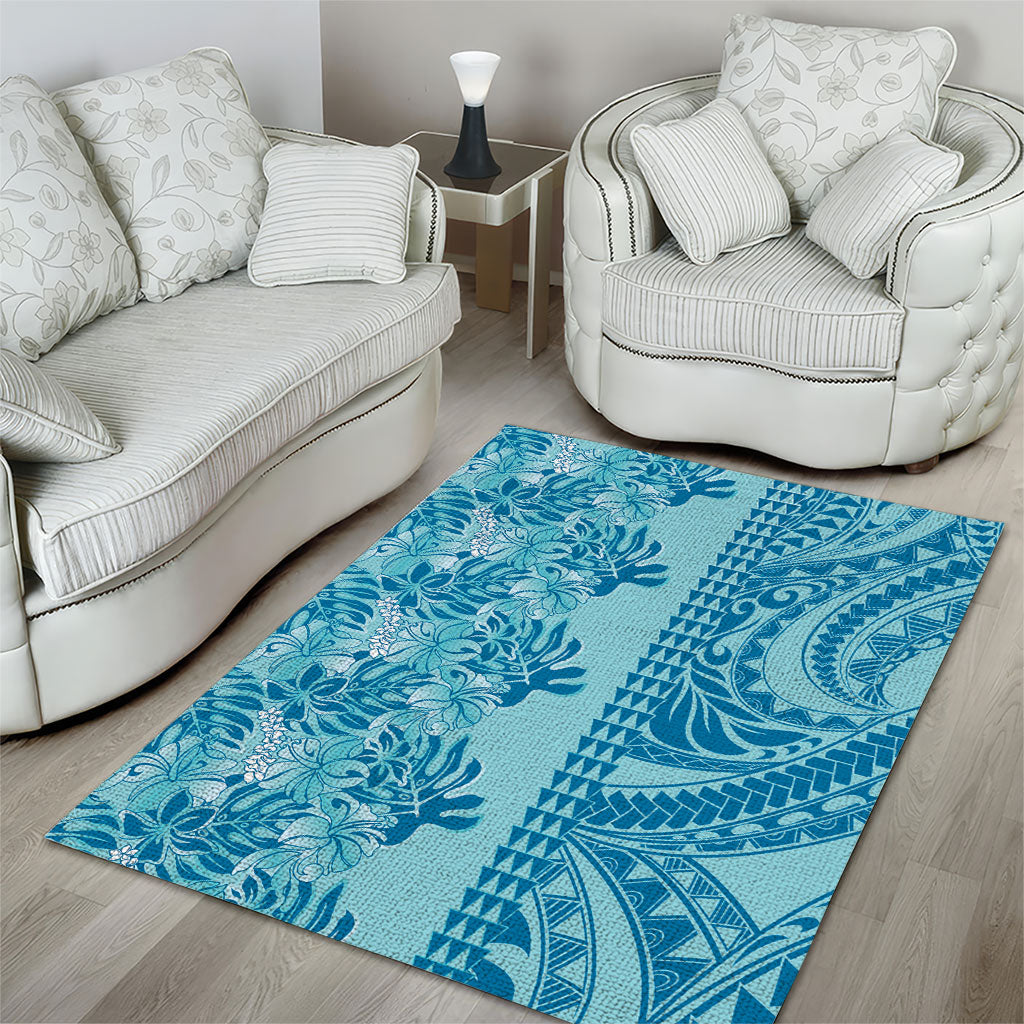 Cyan Hibiscus Monstera Seamless Kakau Hawaii Area Rug LT14 - Polynesian Pride