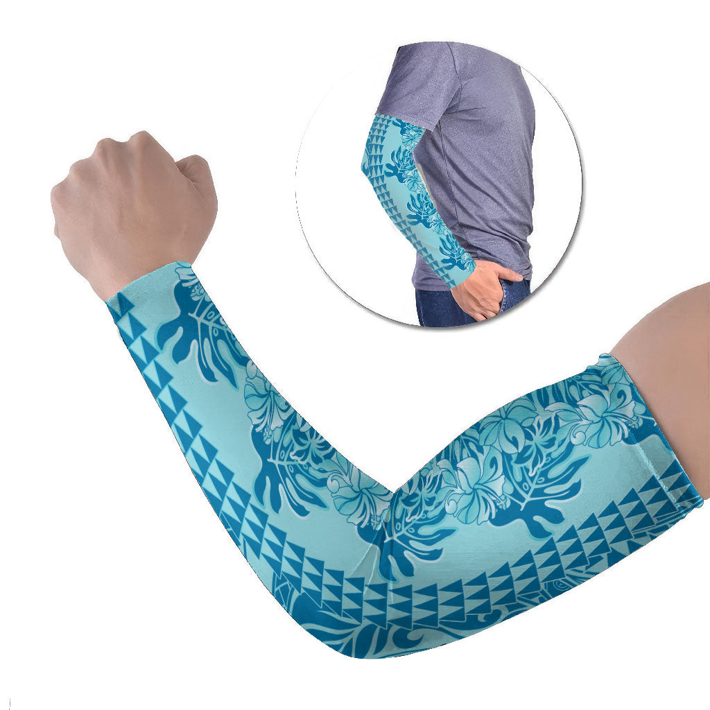 Cyan Hibiscus Monstera Seamless Kakau Hawaii Arm Sleeves LT14 Set of 2 Cyan - Polynesian Pride