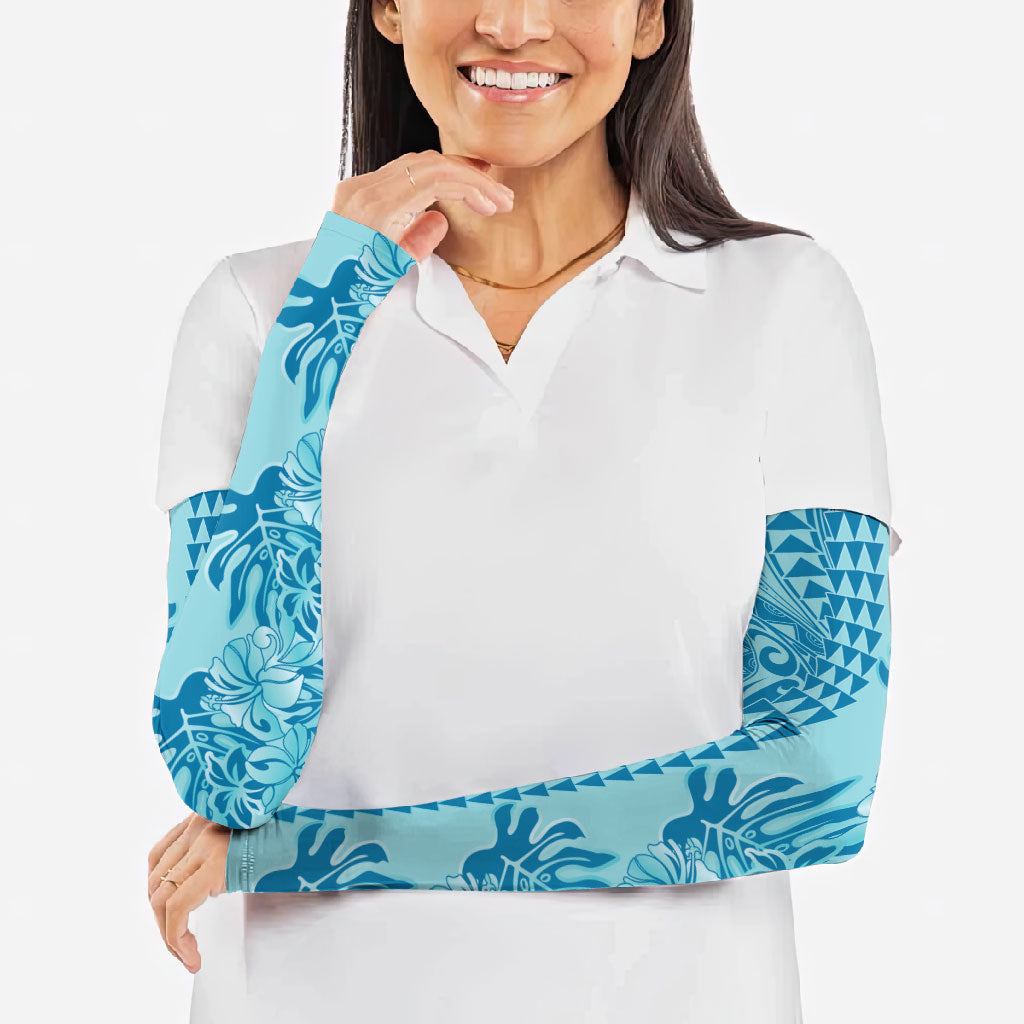 Cyan Hibiscus Monstera Seamless Kakau Hawaii Arm Sleeves LT14 - Polynesian Pride