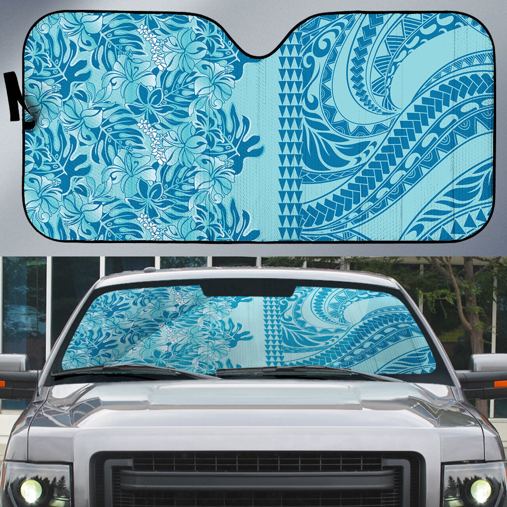 Cyan Hibiscus Monstera Seamless Kakau Hawaii Auto Sun Shade LT14 Cyan - Polynesian Pride