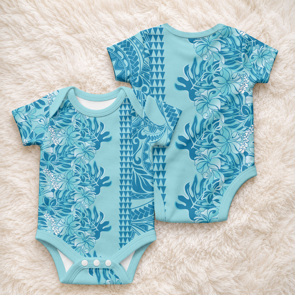 Cyan Hibiscus Monstera Seamless Kakau Hawaii Baby Onesie LT14 - Polynesian Pride