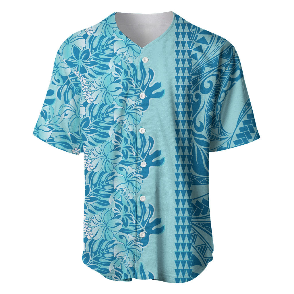 Cyan Hibiscus Monstera Seamless Kakau Hawaii Baseball Jersey LT14 Cyan - Polynesian Pride