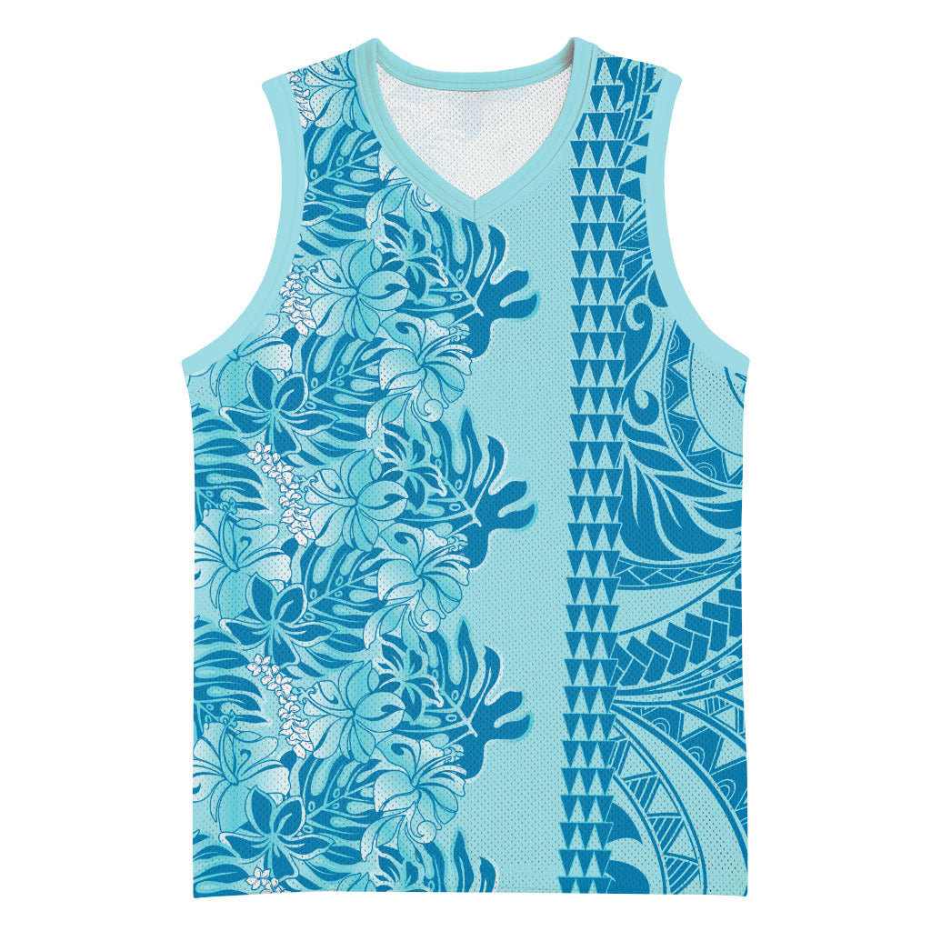 Cyan Hibiscus Monstera Seamless Kakau Hawaii Basketball Jersey LT14 Unisex Cyan - Polynesian Pride