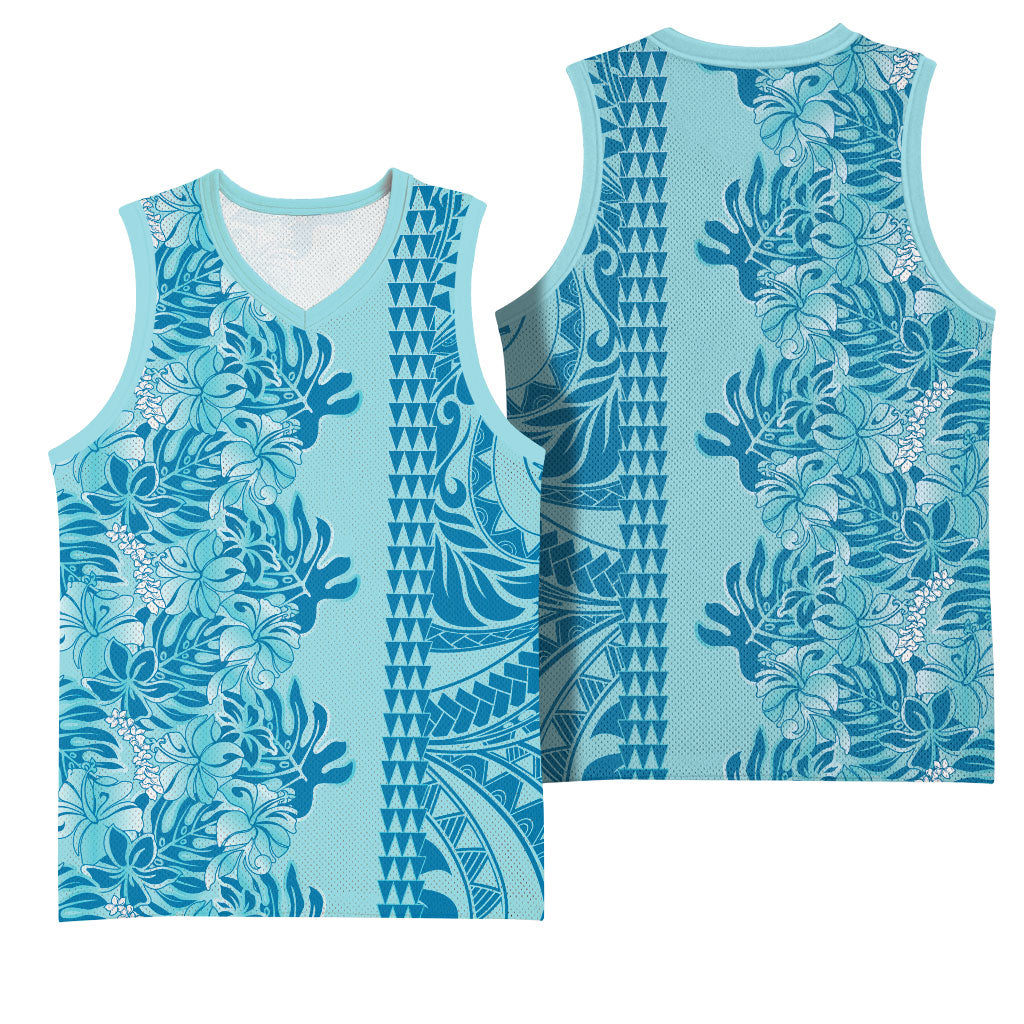 Cyan Hibiscus Monstera Seamless Kakau Hawaii Basketball Jersey LT14 - Polynesian Pride