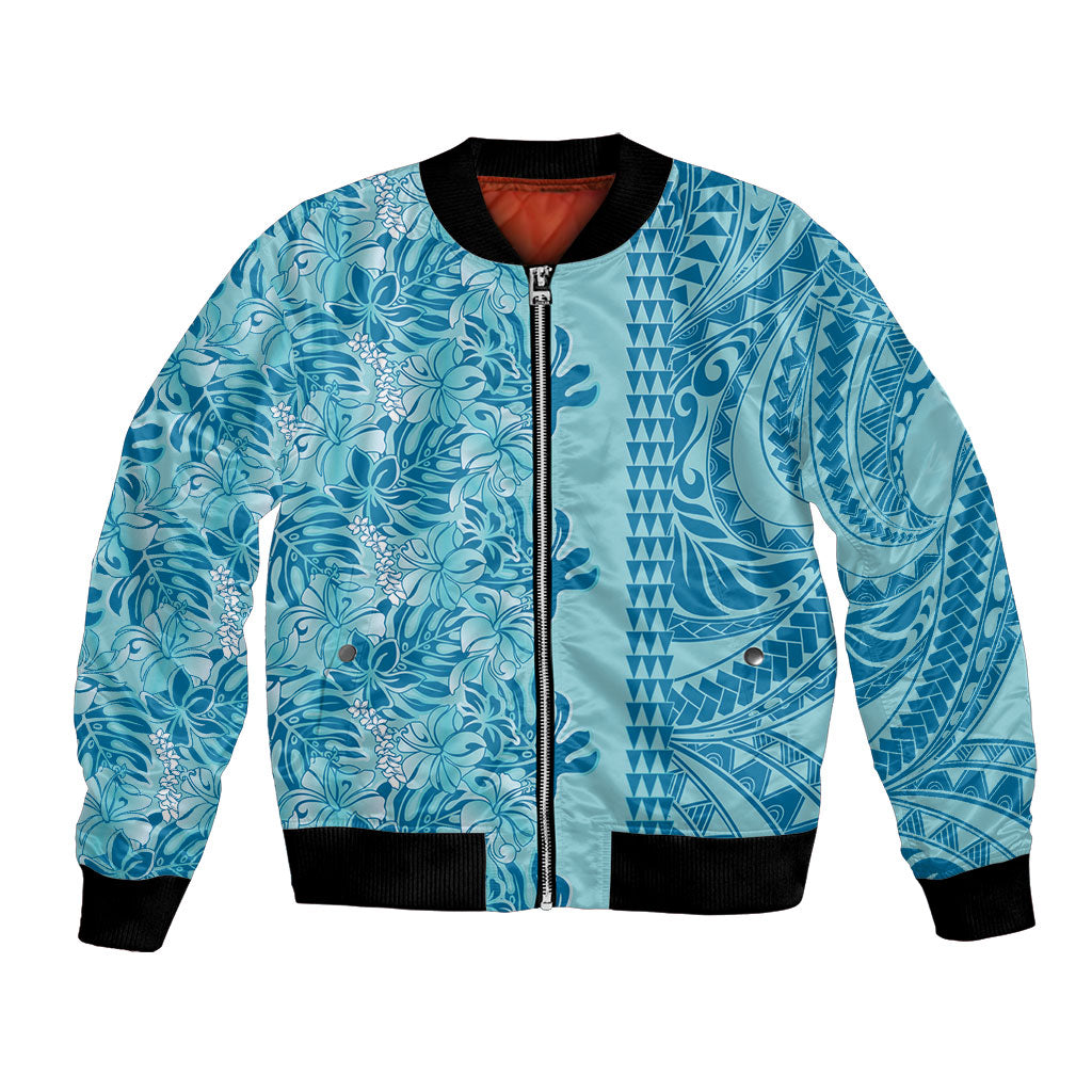 Cyan Hibiscus Monstera Seamless Kakau Hawaii Bomber Jacket LT14 Unisex Cyan - Polynesian Pride