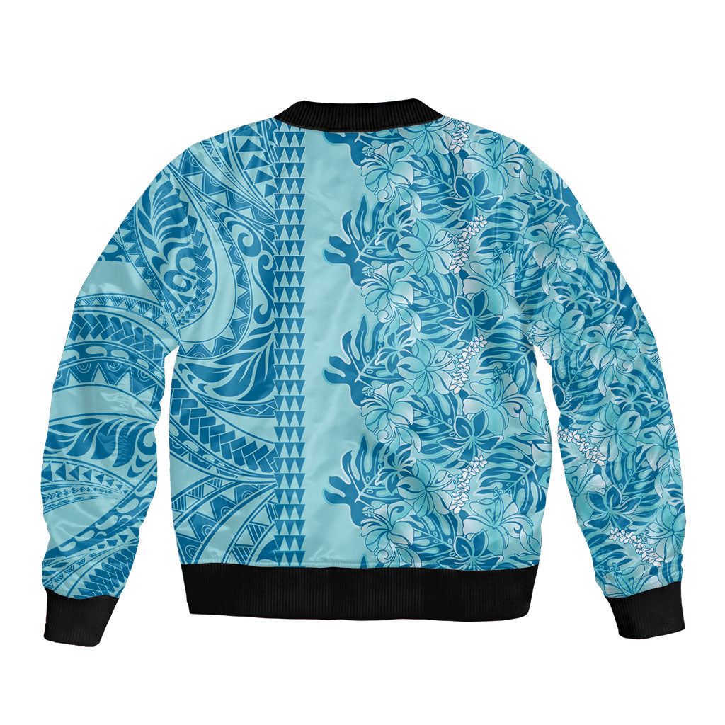Cyan Hibiscus Monstera Seamless Kakau Hawaii Bomber Jacket LT14 - Polynesian Pride