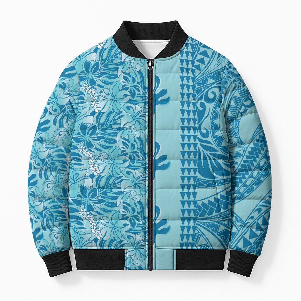 Cyan Hibiscus Monstera Seamless Kakau Hawaii Bomber Puffer Jacket LT14 Unisex Cyan - Polynesian Pride