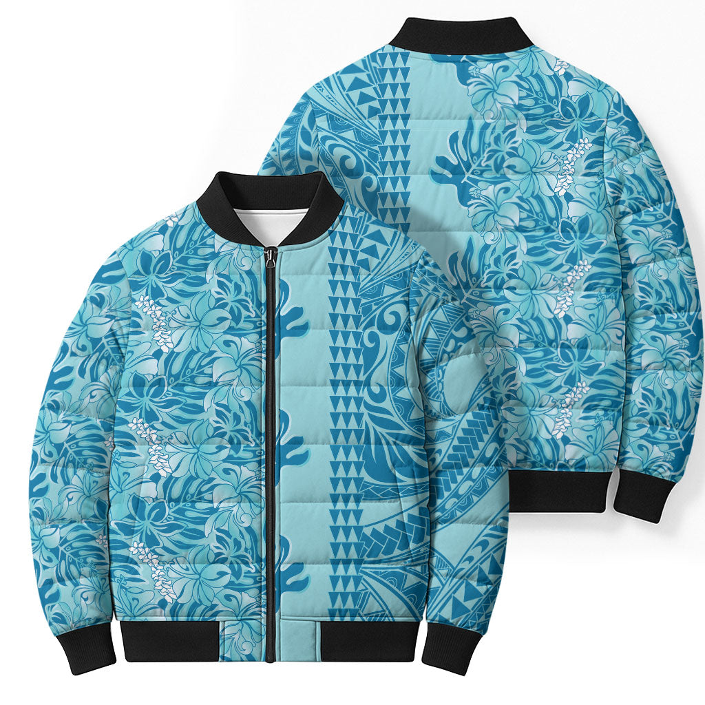 Cyan Hibiscus Monstera Seamless Kakau Hawaii Bomber Puffer Jacket LT14 - Polynesian Pride
