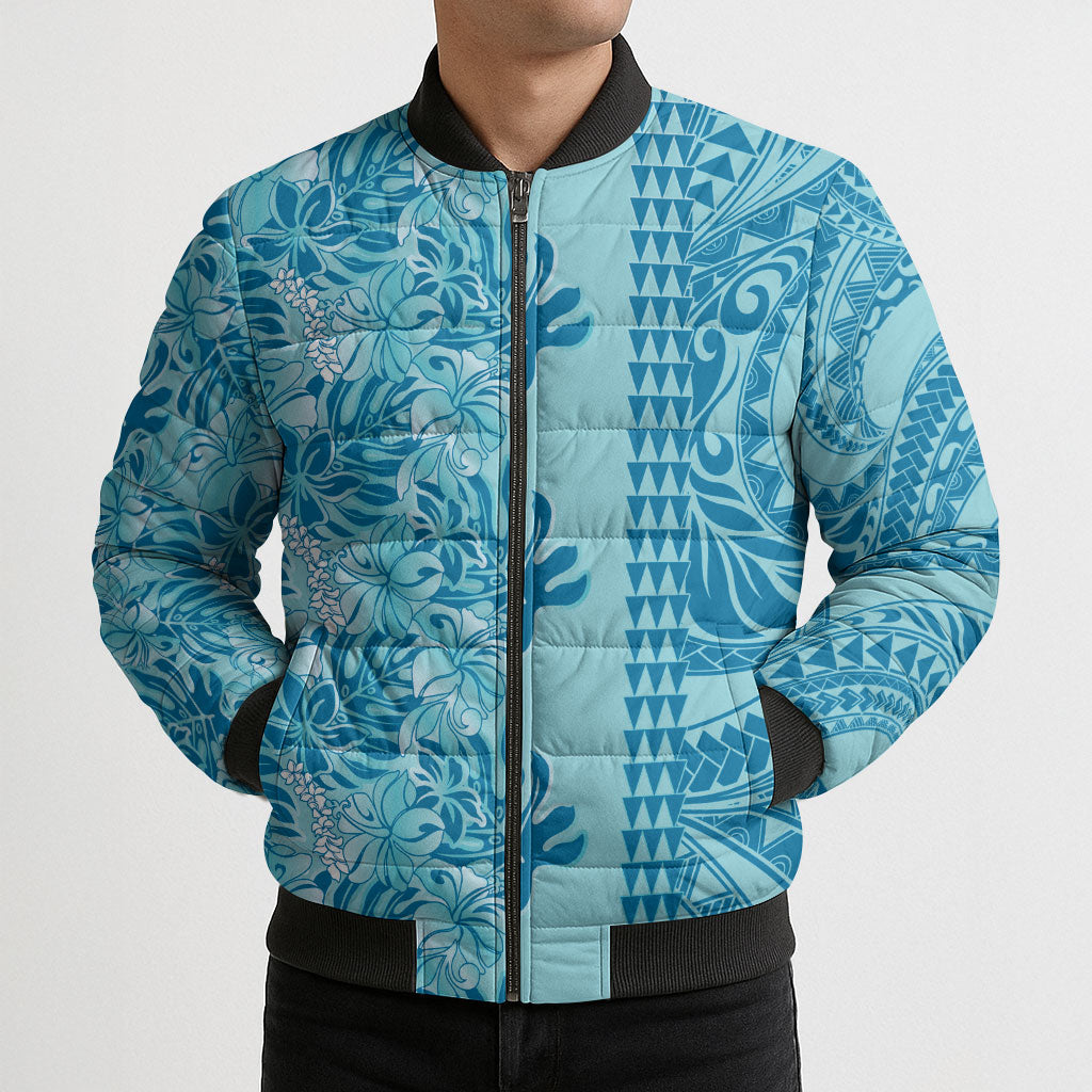 Cyan Hibiscus Monstera Seamless Kakau Hawaii Bomber Puffer Jacket LT14 - Polynesian Pride