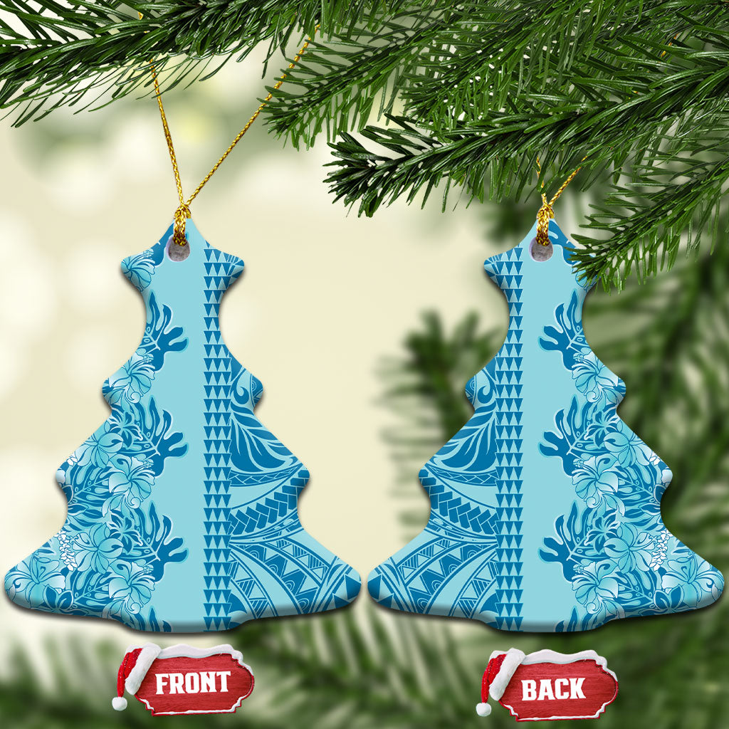 Cyan Hibiscus Monstera Seamless Kakau Hawaii Ceramic Ornament LT14 Christmas Tree Cyan - Polynesian Pride
