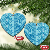 Cyan Hibiscus Monstera Seamless Kakau Hawaii Ceramic Ornament LT14 Heart Cyan - Polynesian Pride