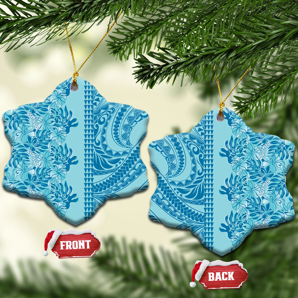 Cyan Hibiscus Monstera Seamless Kakau Hawaii Ceramic Ornament LT14 Snow Flake Cyan - Polynesian Pride