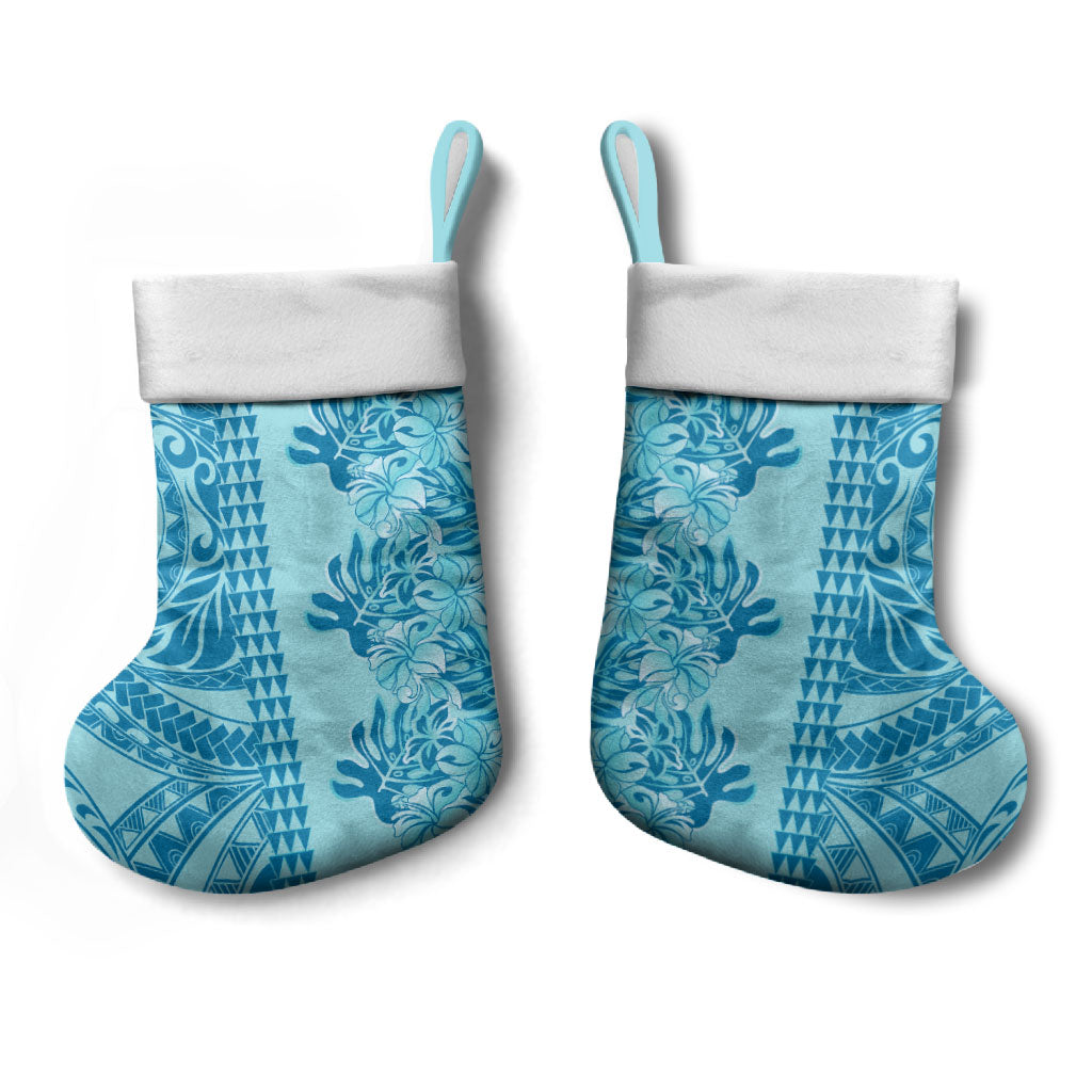 Cyan Hibiscus Monstera Seamless Kakau Hawaii Christmas Stocking