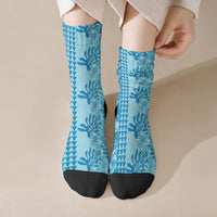 Cyan Hibiscus Monstera Seamless Kakau Hawaii Crew Socks LT14 Crew Socks Cyan - Polynesian Pride