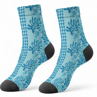 Cyan Hibiscus Monstera Seamless Kakau Hawaii Crew Socks LT14 - Polynesian Pride