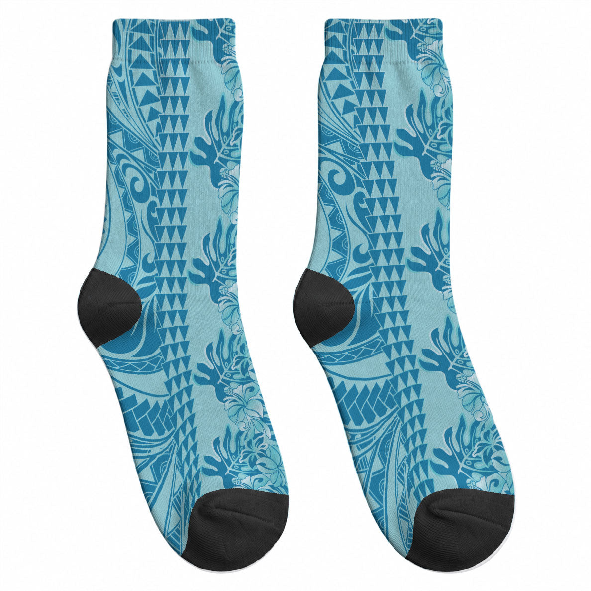 Cyan Hibiscus Monstera Seamless Kakau Hawaii Crew Socks LT14 - Polynesian Pride