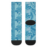 Cyan Hibiscus Monstera Seamless Kakau Hawaii Crew Socks LT14 - Polynesian Pride