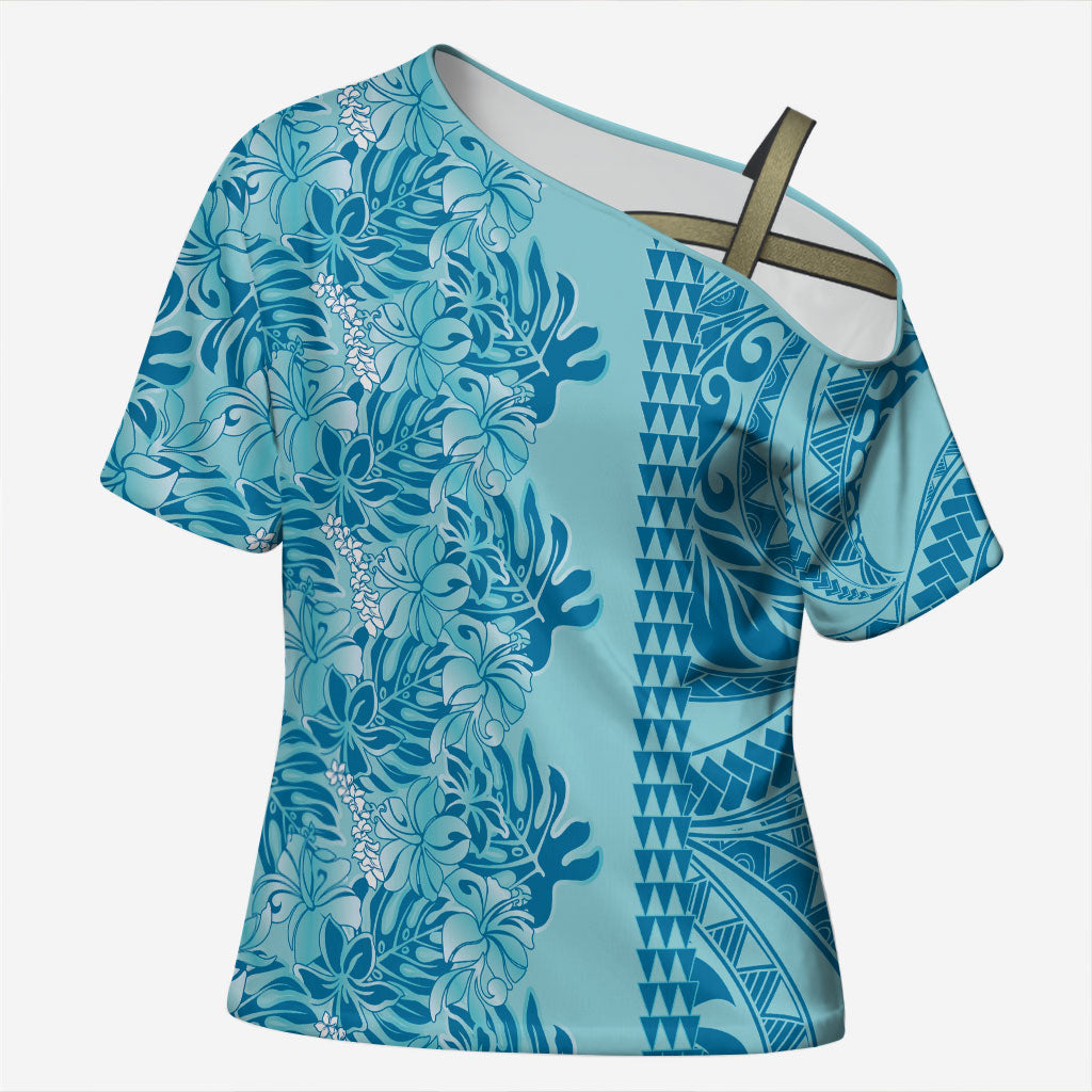 Cyan Hibiscus Monstera Seamless Kakau Hawaii Cross Shoulder Shirt LT14 Female Cyan - Polynesian Pride